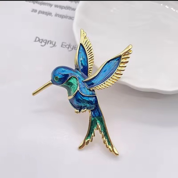 Blue Hummingbird Brooch | Enamel Bird Pin Jewelry - Picture 10 of 11